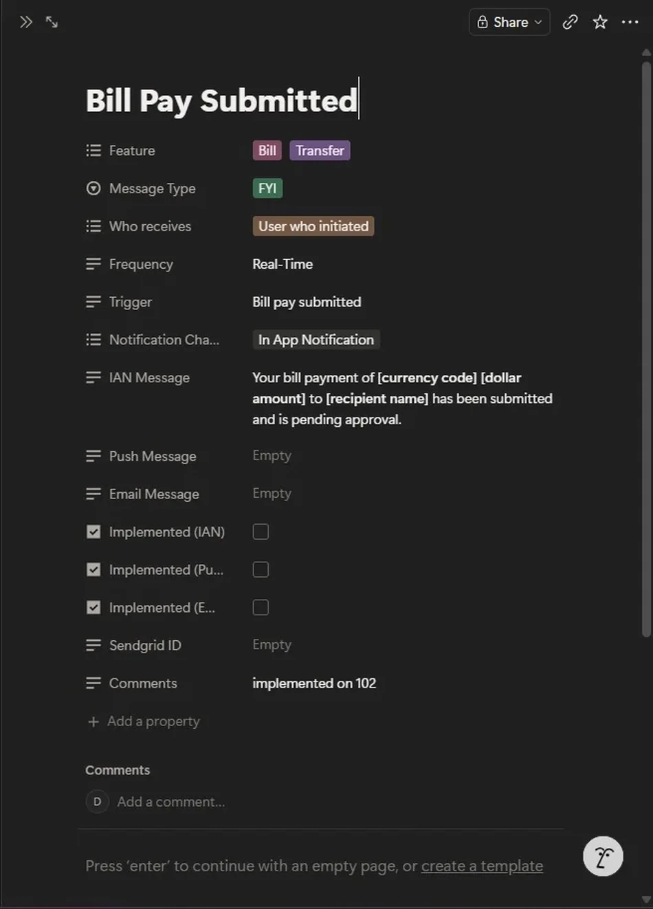 Single notification entry — structured fields and copy template